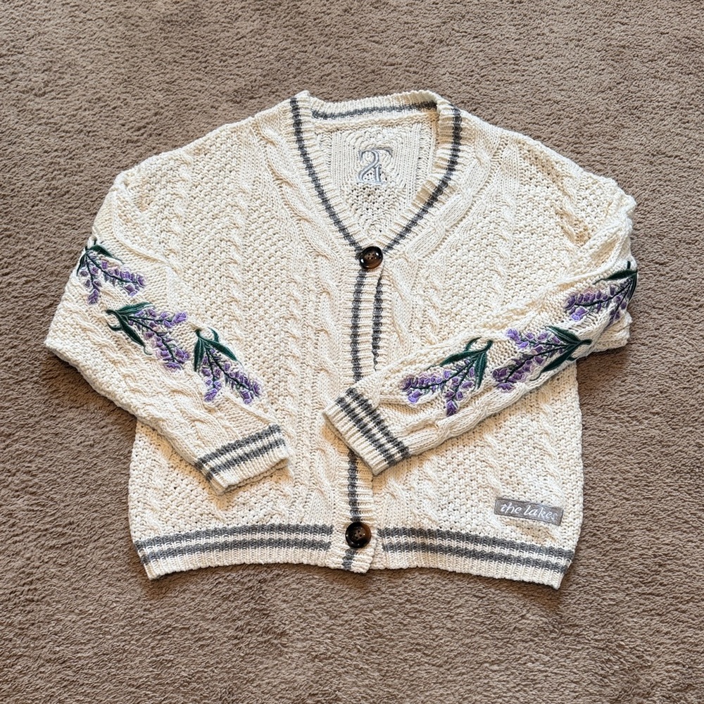 Taylor Swift The Lakes Cream Cardigan with Purple Floral Embroidery